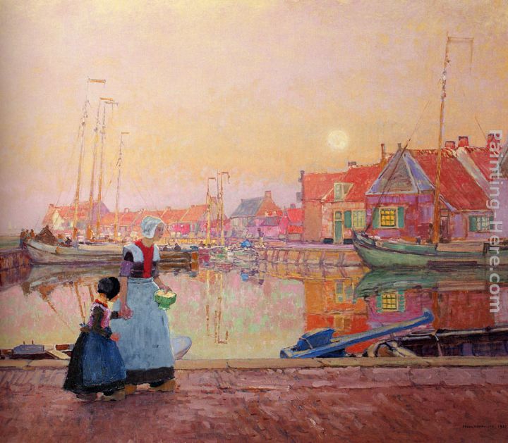 A Dutch Fishing-Village At Dusk With Figures On A Quay painting - Hans Herrmann A Dutch Fishing-Village At Dusk With Figures On A Quay art painting